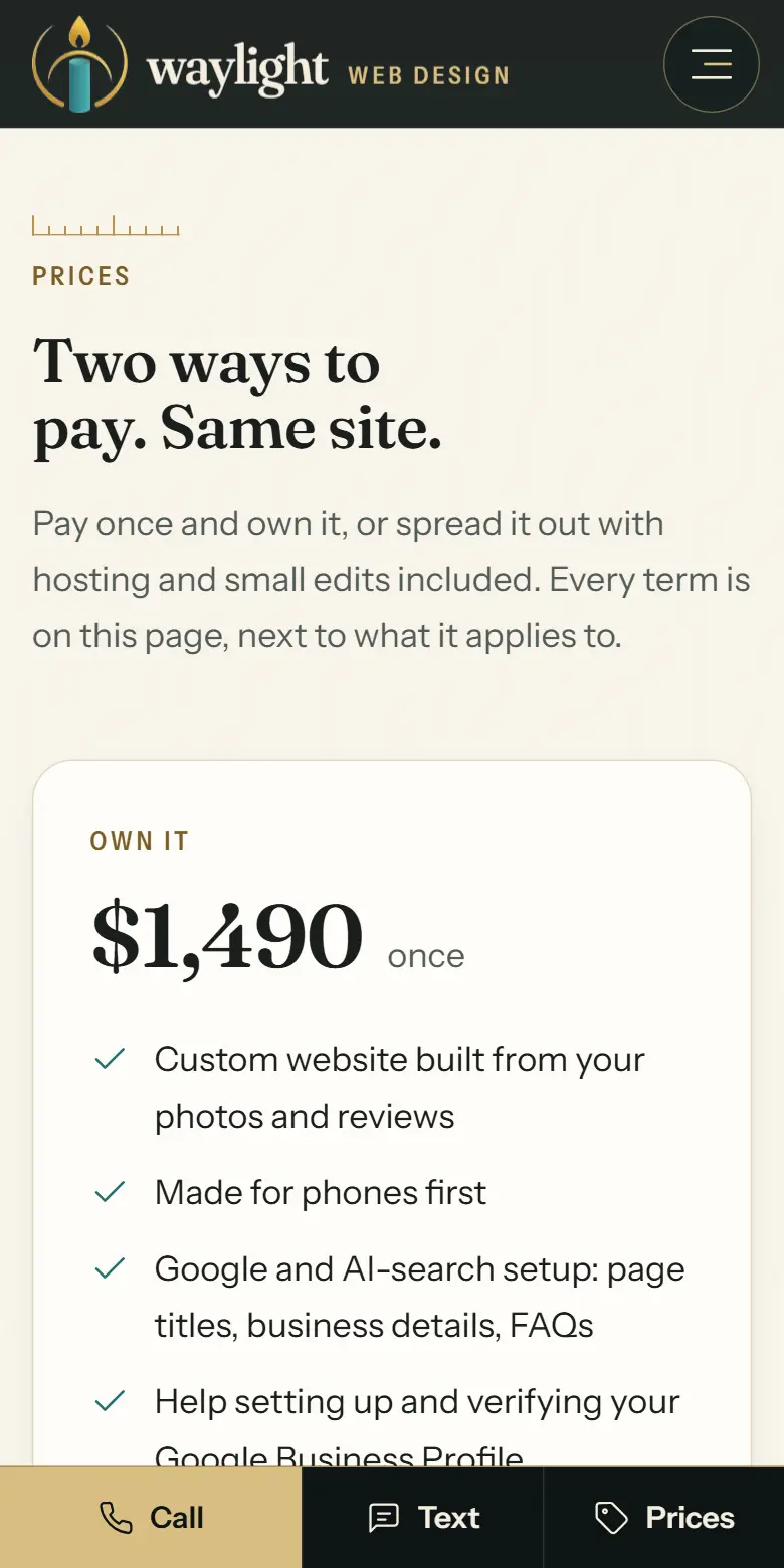 This website's Prices section on a phone, showing Own it at $1,490 once.